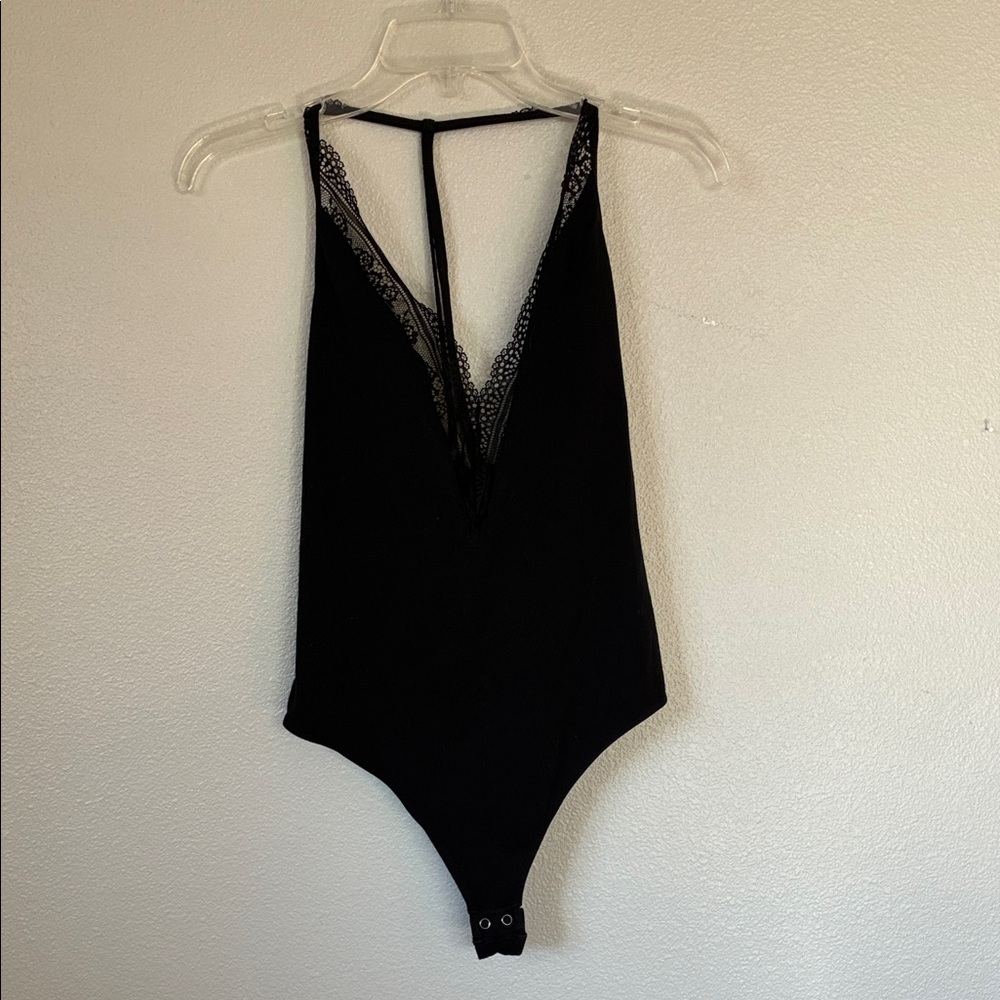 Express Black V-Neck Lace Bodysuit